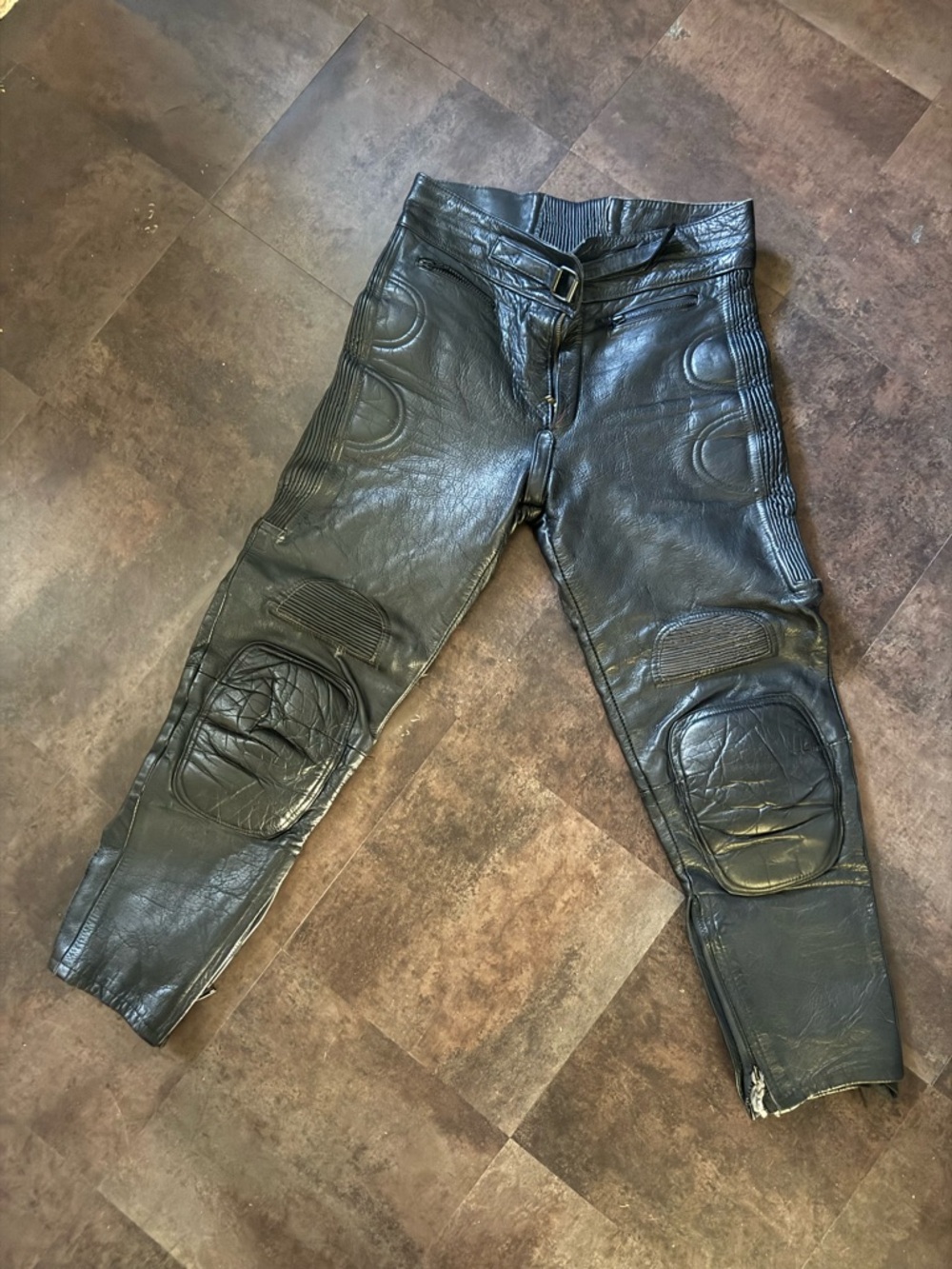 Men's Black Leather Motorcycle Riding Pants with Reinforced Knees